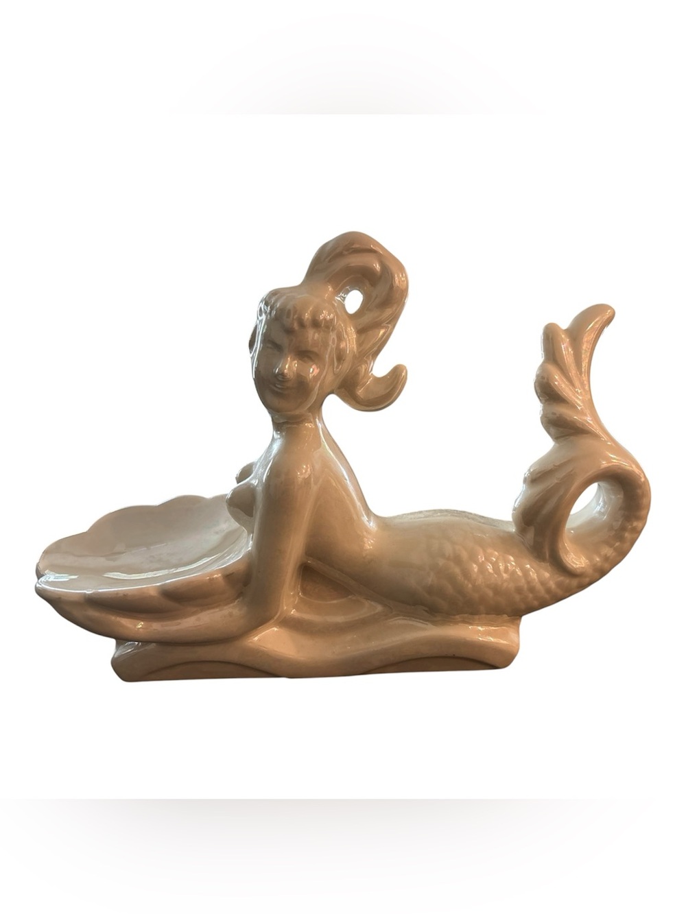 Vintage Iridescent Pearl Chalkware Mermaid Figurine Dish